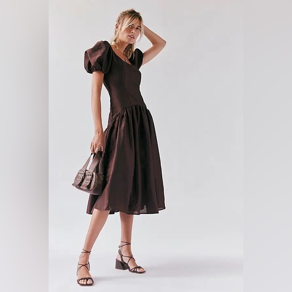 NWOT HUTCH Brighton MIDI Dress Purple Drop Waist Puff Sleeves A-line Sz 2 anthro - Picture 6 of 14